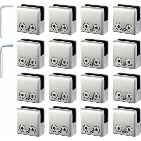 16 pinces à verre de 8 à 10 mm, support en acier inoxydable, butée pour verre carré de 8 à 10 mm, avec 2 clés hexagonales pour rampe d'escalier (1/5)