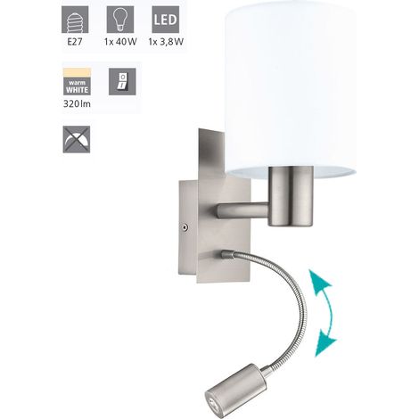 Applique Moderna Pasteri Acciaio Nichel Satinato Stoffa Bianco 1 Luce E27 Ip20 (1/5)