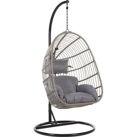 Fauteuil Suspendu en Rotin Gris avec Coussin Assorti et Support en Acier Noir Très Confortable pour Intérieur et Extérieur au Style Bohème Beliani