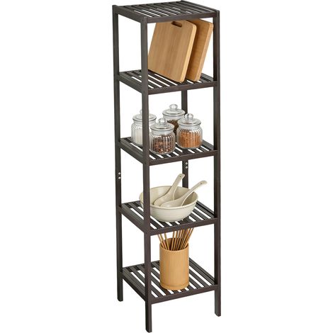 Étagère d'angle étroite en bois à 5 niveaux, gain de place - Organiseur autoportant avec étagères à lattes en bois pour salle de bain, entrée, cuisine, chambre, balcon, salon - Marron, 5 niveaux (1/5)