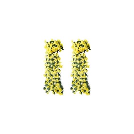 Lot de 2 fleurs artificielles suspendues - Fleurs artificielles - Violet - Glycine - Plantes suspendues - En plastique - Pour bureau, maison, fête, mariage, décoration de maison - Jaune (1/4)