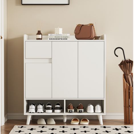 Zapatero con estantes ajustables, 90 x 35 x 99 cm, blanco, patas de madera DESVIAE (1/5)