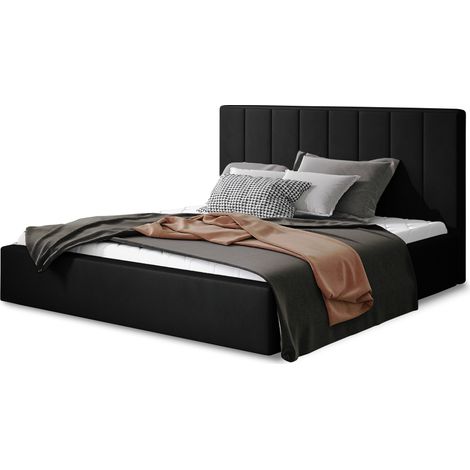 Lit adulte avec sommier Vareza – Velours matelassé avec sommier-Noir-180x200-Version avec sommier (1/5)