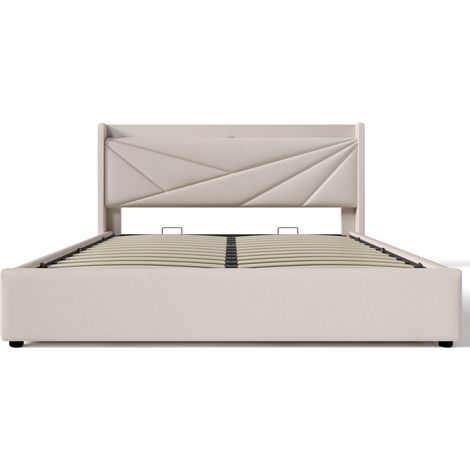 Lit double coffre 180x200 cm beige en lin avec port USB et USB-C (1/5)