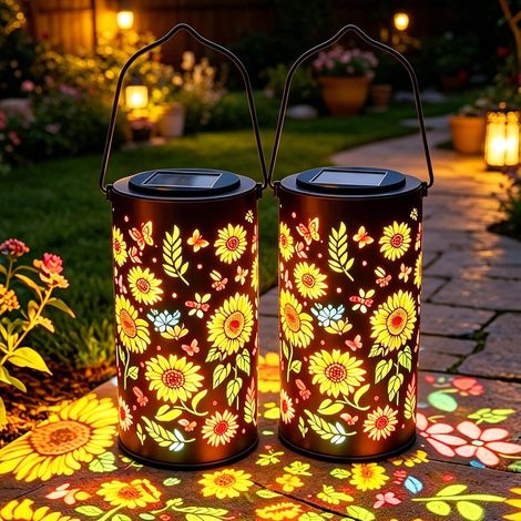 Solar-Außenlaternen – 2 Stück – Retro-Sonnenblumen-Design aus Metall – Automatische LED-Beleuchtung – Für Garten, Terrasse und Einfahrt – Antikmessing-Finish (1/5)