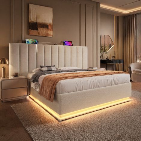 Lit coffre 160x200 LED USB-C en lin beige HAVRYA (1/5)