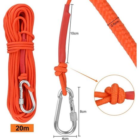 Corda da arrampicata intrecciata in polipropilene BDD da 20 m con moschettone, protezione UV, antimuffa, anticorrosiva, multifunzionale per pesca, alpinismo, campeggio, soccorso, escursionismo - Aranc (1/4)