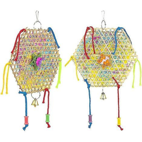 Jouet à mâcher en raphia pour perruche calopsitte et conure, avec crochet et clochette. (1/4)