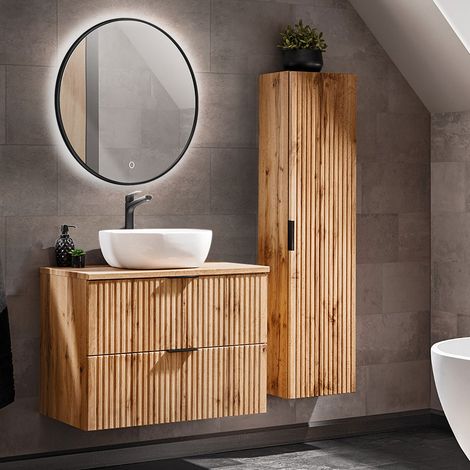 Badmöbel Set Wotaneiche mit Rillenoptik ADELAIDE-56 LED-Spiegel & Waschtisch mit Keramikbecken, Hochschrank (1/5)