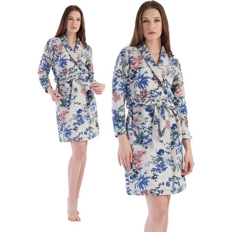 Accappatoio da donna in cotone spesso, corto, con scialle da annodare, taglia XXL, con tasche. (1/5)