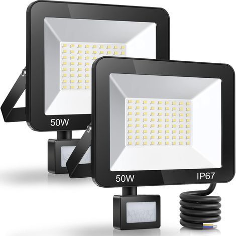 Projecteur LED extérieur 50 W avec détecteur de mouvement, 5 000 lm, blanc 7 000 K, étanche IP67, éclairage extérieur blanc froid, lampe d'extérieur pour jardin, terrasse, entrée - Lot de 2 (1/5)
