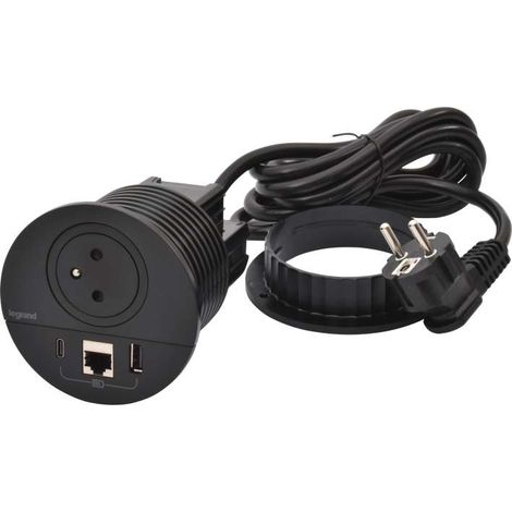 Legrand – Prise encastrée USB A+C 2P+T RJ45 CAT6 16A 250V – Cordon 2m – Finition noire pour installation électrique professionnelle
