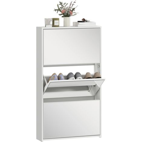 Étagère à chaussures pour entrée avec 3 portes et miroir, étagère à chaussures étroite pour 9 paires de chaussures 65x17x114,5 cm blanc