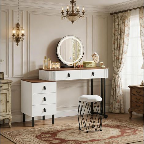 Scrivania con specchio LED e 5 cassetti OKMYHOME (1/4)