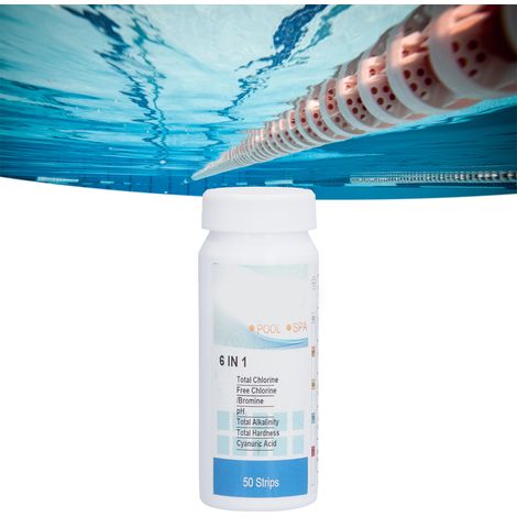 6-in-1-Teststreifen für die Poolwasserqualität: Fließgeschwindigkeit, Restchlorid, Alkalinität, Gesamtalkalinität, Gesamthärte (1/5)