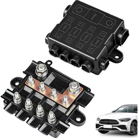 Porte-fusible 1x MEGA + 4x MIDI avec jeu de barres intégré, bloc distribution 150A, connexions M5/M8, boîtier PA6 polyamide avec couvercle, pour batterie 12V/24V auto marine camping-car