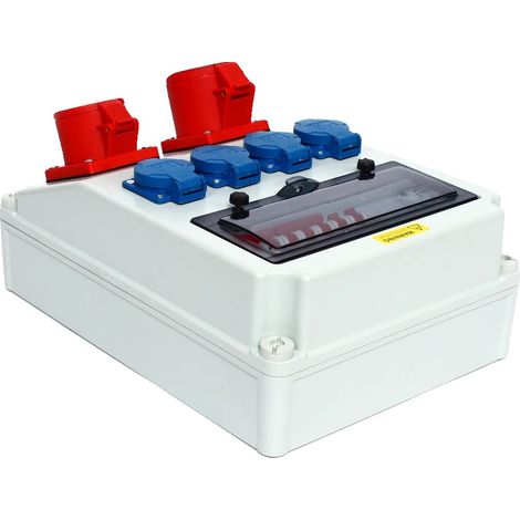 Caja de distribución eléctrica, grado de protección IP44, tensión CA 250V y 380V, corriente 16A y 32A, dimensiones 38 x 28 x 15 cm, compatible con sistemas multifásicos. (1/5)