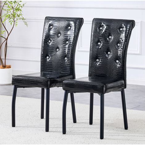 Set di 2 sedie da pranzo nere in stile vintage, effetto pelle coccodrillo, con dettagli cristallo e struttura in metallo,61.5x42x101cm (1/4)