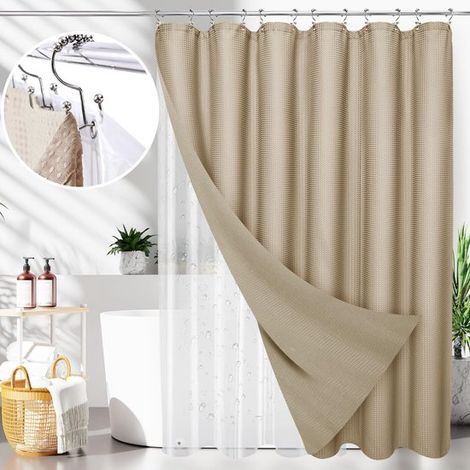 Rideau de douche imperméable 180 x 200 cm, avec anneaux de suspension - texture gaufrée, lesté - lavable, convient aux salles de bain - kaki