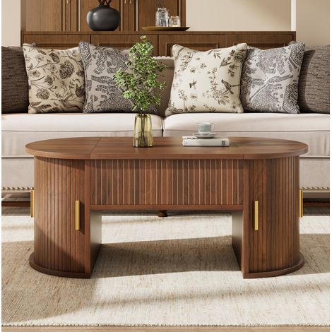 Mesa de centro 100x50x40.5 cm nogal MDF con tablero elevable, puertas correderas y estantes (1/5)