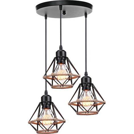 3 Lumières Lustre D'Intérieur Moderne E27 Suspension Luminaire Rétro Lampe À Suspension Vintage, Pour Couloir Bureau Chambre À Coucher Noir (1/5)