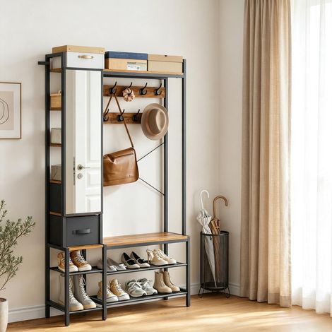 Armario multifuncional con espejo, ganchos y estante para zapatos, práctico mueble de almacenamiento para la entrada, armario de entrada (1/5)