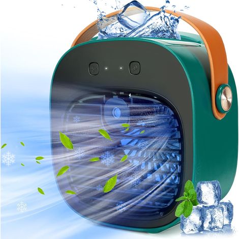 （vert）Mini climatiseur portable, 4000 mAh, rechargeable, 3 vitesses de vent, silencieux, petit ventilateur de bureau personnel pour chambre, voiture, maison, camping, voyage et bureau