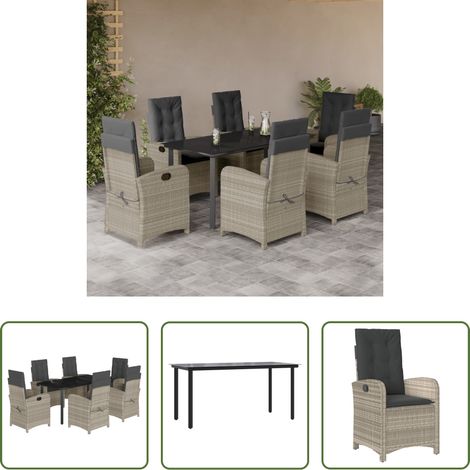 vidaXL Gartenessgruppe -  7-tlg. Garten-Essgruppe mit Kissen Hellgrau Poly Rattan (1/5)