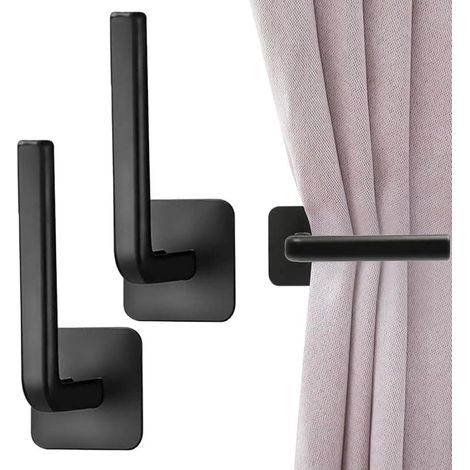 2 Pièces Embrasse pour Rideaux Attache Rideau sans Percage Embrasses Décoratives Curtain Holdbacks Holders Crochet Noir en Forme De L, Attache Rideaux pour Voilage Salon Chambre Bureau (1/5)
