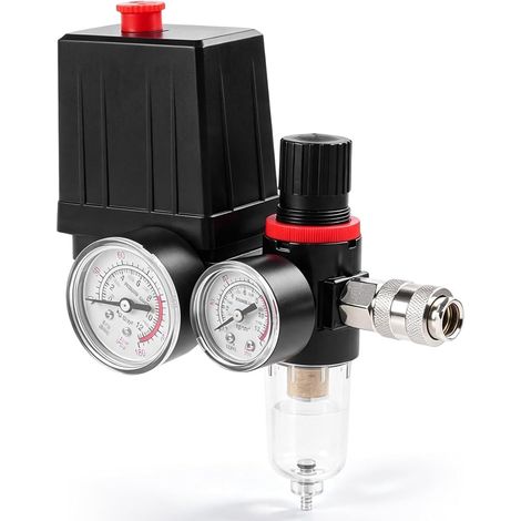 Pressostat Compresseur d'Air 240V avec Régulateur de Pression, Filtre Séparateur d'Eau, Manomètre, Soupape de Sécurité et Raccords Rapides, 90-175 PSI, Pression Réglable pour Compresseur d'Air (1/5)