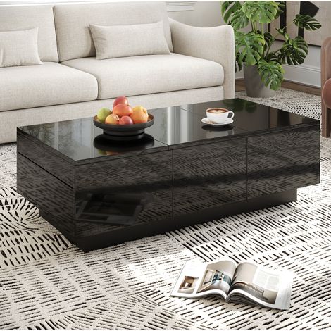 Tavolino da caffè 100x31x50 cm nero in pannello truciolare con finitura lucida, cassetti e vani scorrevoli (1/5)