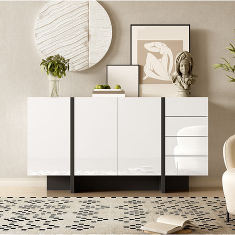 Sideboard 150x40x80,5 cm bianco e nero in MDF e truciolare con 2 ante, 4 cassetti e finitura lucida (1/5)