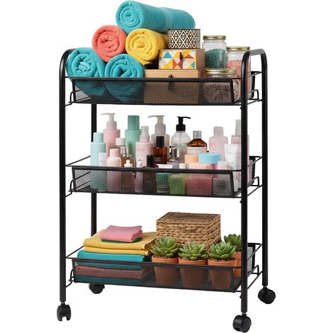 Relaxdays carrito auxiliar, 3 niveles abiertos, metal (Al x An x Pr): 62,5 x 43,5 x 26 cm, 4 ruedas, cocina, baño, negro