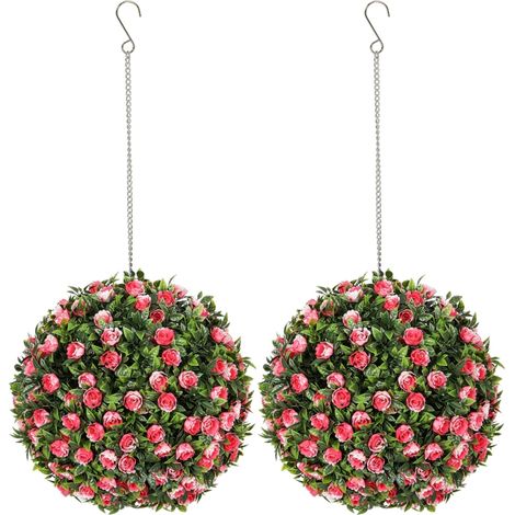 Set of 2 Decorative Artificial Plants, UV-protected Artificial Plant Topiary Rose Balls, Fake Plants for Home Indoor outdoor Decor, 28cm, Pink