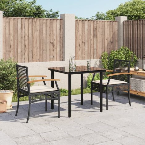 3-tlg. Garten-Essgruppe mit Kissen Schwarz Poly Rattan