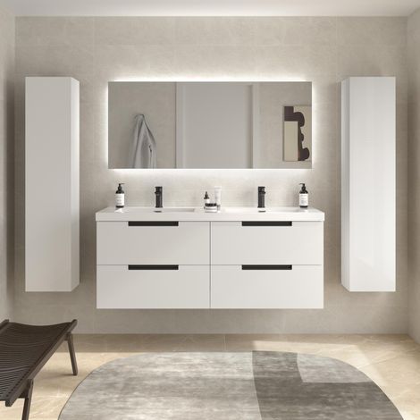 Mueble de Baño LENI 140cm Blanco Mate 4 cajones Lavabo Toscana 2 pozas Carga Mineral (1/5)