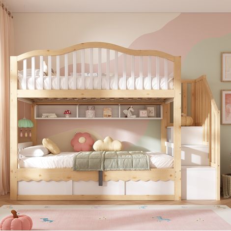 Kinder-Etagenbett 90x200 cm Weiß/Eiche mit Stauraum, stabil, ohne Matratze – MEUBLIV (1/5)