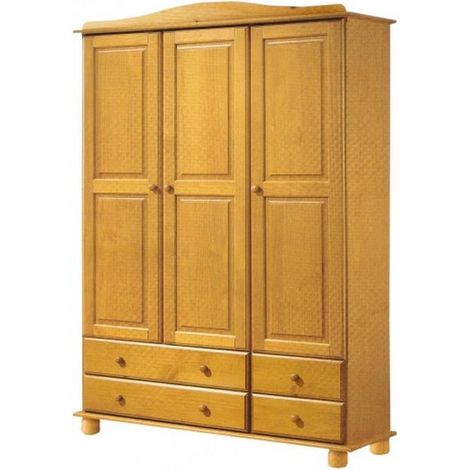 Pegane – Armoire en pin massif miel 3 portes 4 tiroirs – Longueur 130 cm x Profondeur 52 cm x Hauteur 197 cm – Style provençal avec étagère et barre de suspension (1/2)