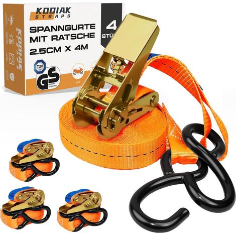 4er Pack Spanngurte 4m mit Ratsche und S-Haken, 25mm, 800kg, TÜV/GS geprüft (1/5)