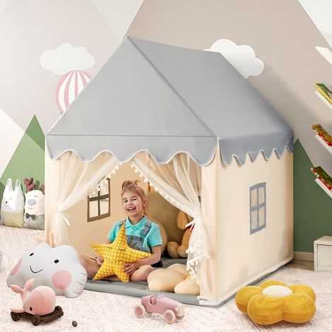 COSTWAY Tenda da Gioco per Bambini e Bambine, Casetta per Bambini con Struttura in Solido Legno, Tappetino di Cotone, Tenda a Rete e Finestre, 105 x 120 x 140 cm (grigio e beige)