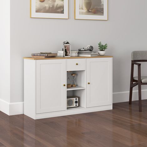 Commode de cuisine, panneau de particules, étagères, armoires, buffet avec tiroir, blanc (1/4)