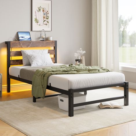 Cadre de lit en métal 90x200 cm avec éclairage LED et station de charge USB, sommier sans matelas, espace de rangement sous le lit, structure métallique avec tête de lit lumineuse. (1/5)