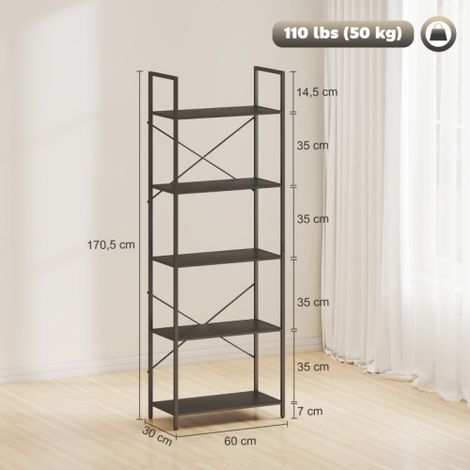 Étagère à livres, étagère autoportante à 5 niveaux, étagère de bureau de style industriel avec structure métallique, étagère de rangement ouverte pour salon, bureau, bibliothèque, 60 x 30 x 170,5 cm, (1/5)