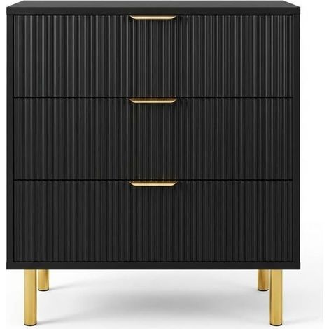 Commode Scandinave 3 Tiroirs Noir et Bois, Détails Dorés - Meuble de Rangement pour Chambre et Salon (1/5)