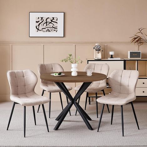 Runder Esstisch mit 4 Stühlen, 100cm, dunkle Holzmaserung, Khaki Leinen (1/5)