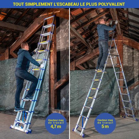 Escabeau 12 marches telescopique EXTENDACT12, Echelle telescopique 3.5m+3.2m, escabeau pliable, Stabilisateur, H max travail 5m, Garantie 5 ans