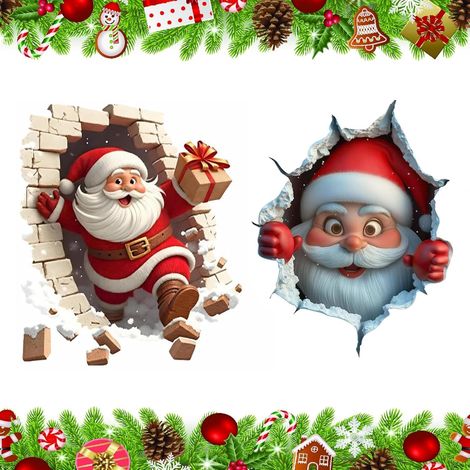 Adhesivo de pared creativo navideño, Papá Noel con efecto 3D realista (1/5)