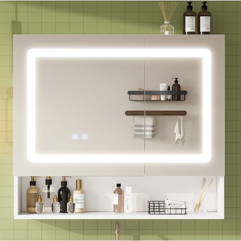 Meuble miroir de salle de bain 80x17x70 cm à 2 portes avec LED, anti-buée, étagère réglable, MDF blanc (1/5)