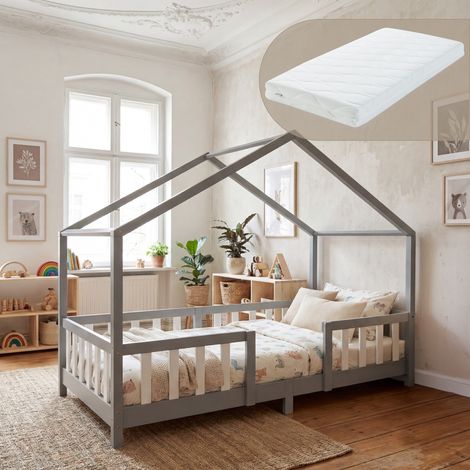 Kinderbett Treviolo 90x200 cm mit Kaltschaummatratze und Gitter Hellgrau / Weiß [en.casa] (1/5)