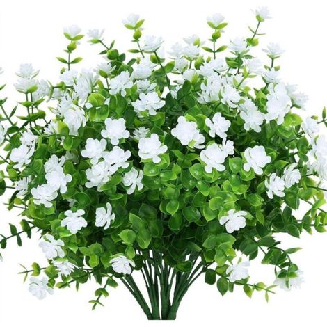 8 Artificial Flower Bouquets, Fake Flowers, UV Resistant Greenery, Eucalyptus Shrubs, Indoor/Outdoor Hanging Planter, Home Garden Decor, White (1/5)